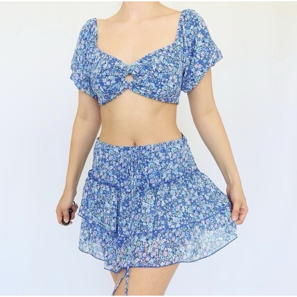 wild fable Tops - Wild Fable Floral Puff Sleeve Tie Back Crop Top Cottagecore Women's Size Medium